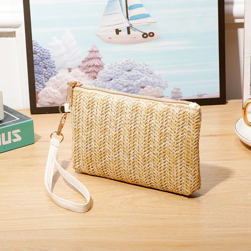Fashion Ladies Wristlet Clutch Weaving Bag Women Daily Money Phone Clutch Straw Woven Coin Purse Summer Beach Wallet Bolsa