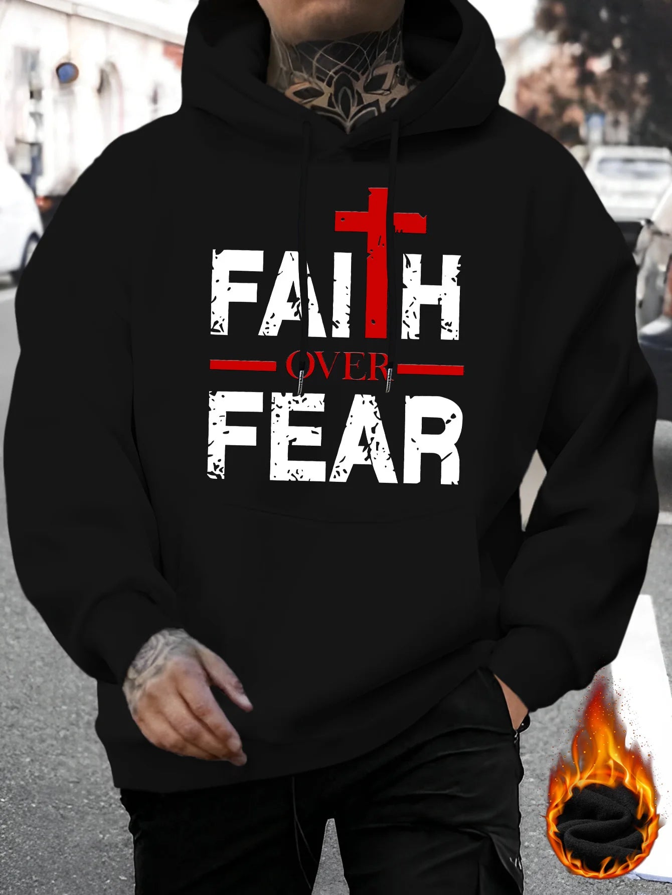 Men's autumn and winter casual fashion loose faith over fear letter printed long sleeved hooded sweatshirt warm pullover