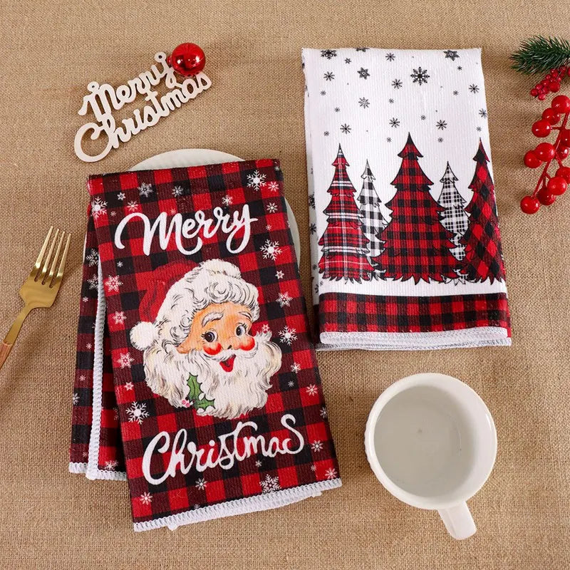 2pcs Christmas Kitchen Towels Buffalo Plaid Xmas Hand Towels Christmas Decorations for Home 2025 Navidad Noel Dish Towels Gifts