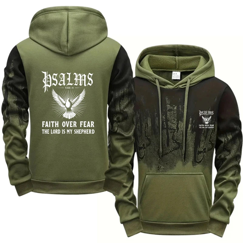 Men's Hoodie Gray Black Psalms Faith Over Fear Eagle Printed Pattern High Quality Cotton Casual Streetwear Sweatshirt