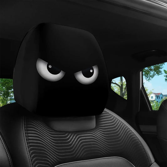 2PCS Funny Slanted Eyes Cartoon Print Car Headrest Cover for Halloween Christmas Holiday Automobile Interior Decoration