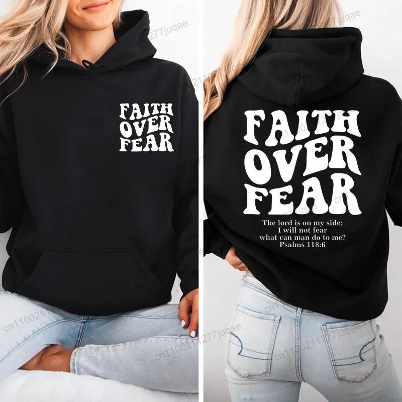 Faith Over Fear Print Sweatshirt Women Harajuku Casual Loose Hooded Bible Verse Jesus Fashion Hoodies Autumn Warm Female Clothes