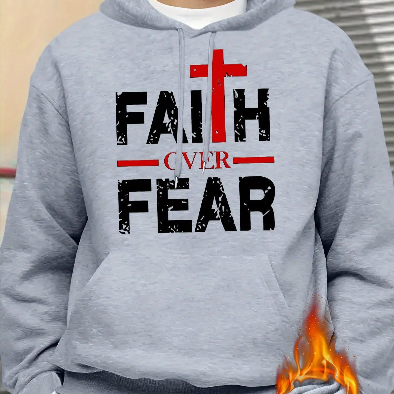 Men's autumn and winter casual fashion loose faith over fear letter printed long sleeved hooded sweatshirt warm pullover