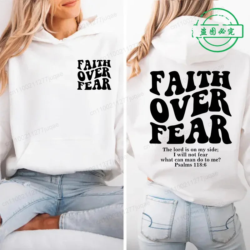 Faith Over Fear Print Sweatshirt Women Harajuku Casual Loose Hooded Bible Verse Jesus Fashion Hoodies Autumn Warm Female Clothes