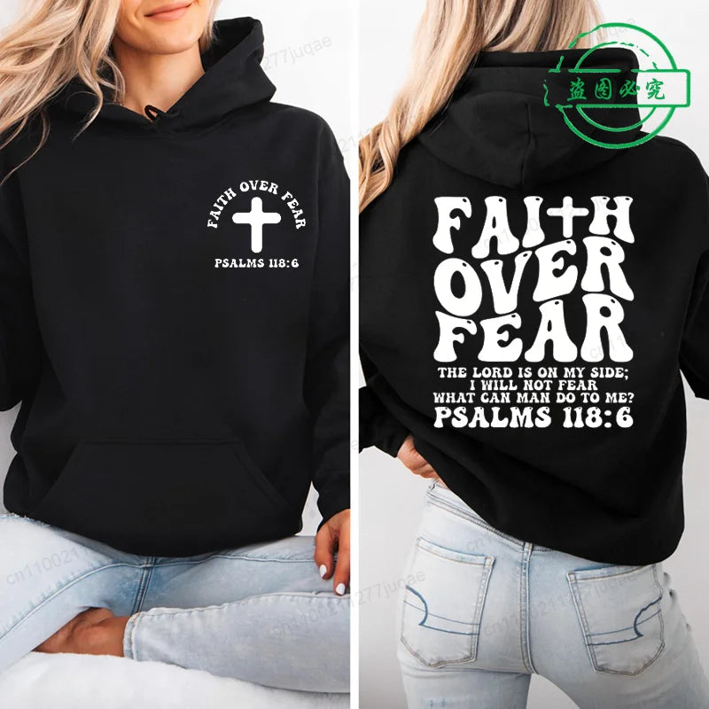 Faith Over Fear Print Sweatshirt Women Harajuku Casual Loose Hooded Bible Verse Jesus Fashion Hoodies Autumn Warm Female Clothes