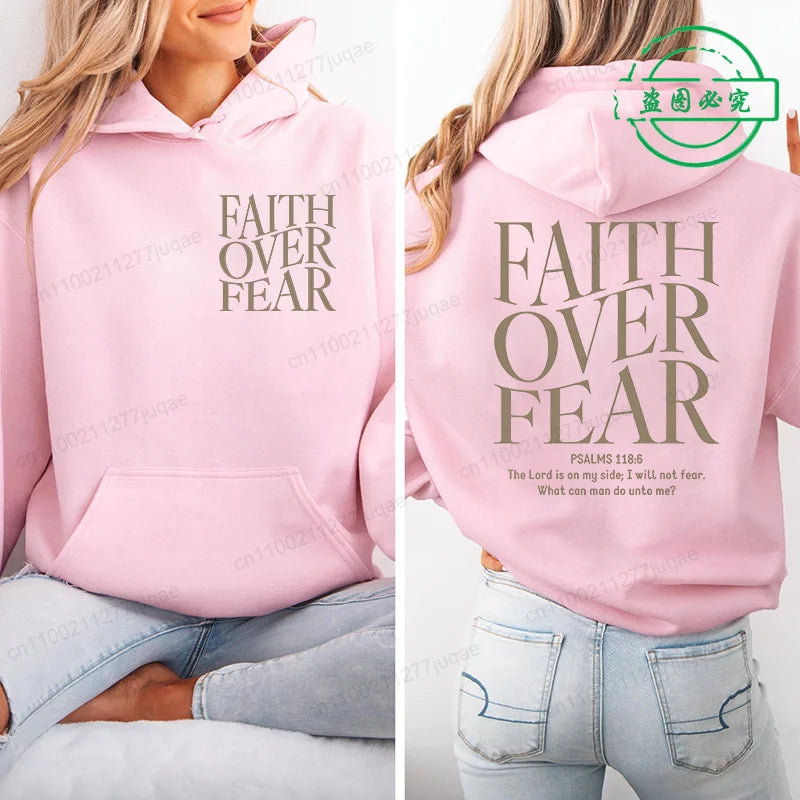 Faith Over Fear Print Sweatshirt Women Harajuku Casual Loose Hooded Bible Verse Jesus Fashion Hoodies Autumn Warm Female Clothes