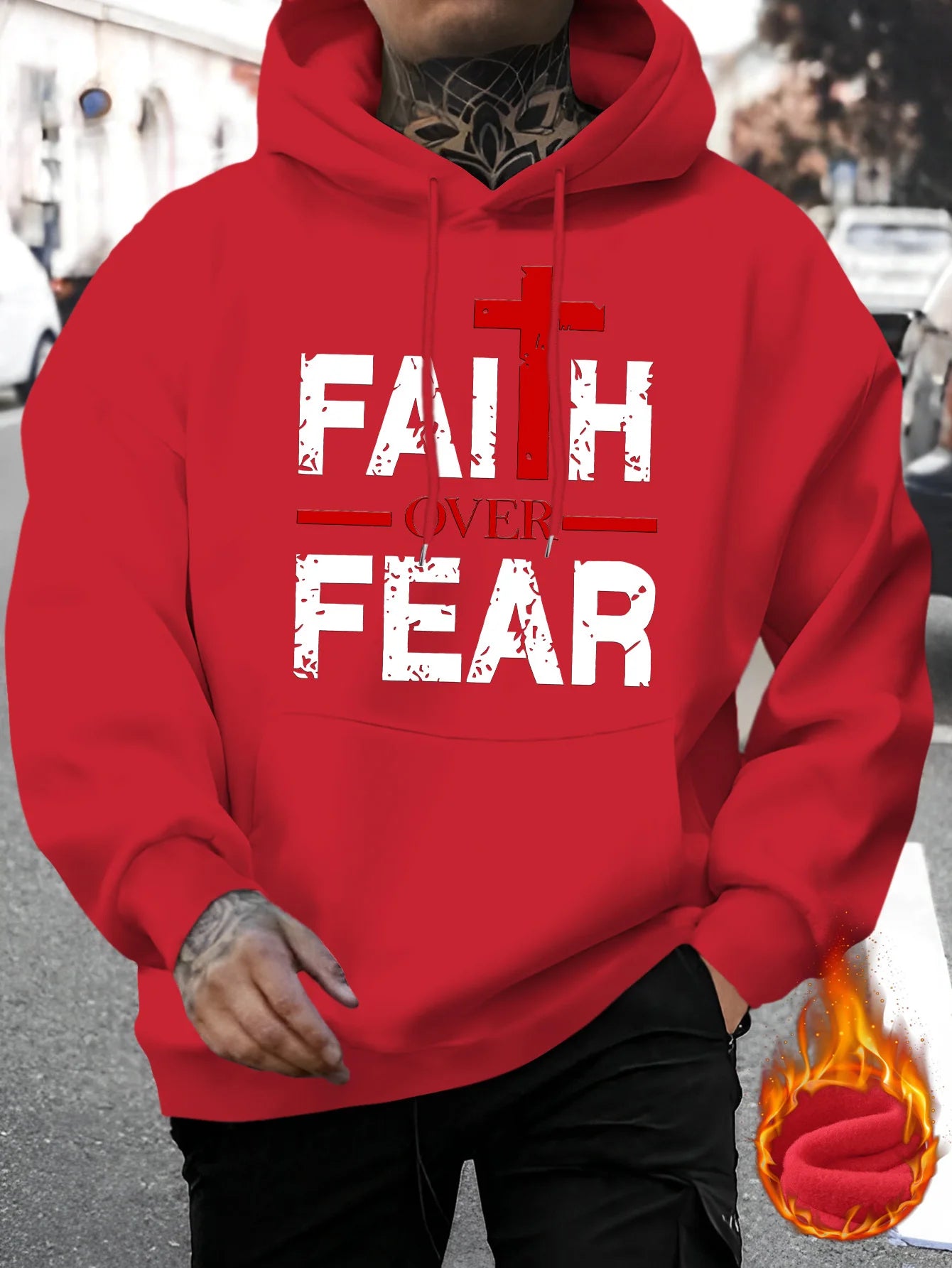 Men's autumn and winter casual fashion loose faith over fear letter printed long sleeved hooded sweatshirt warm pullover