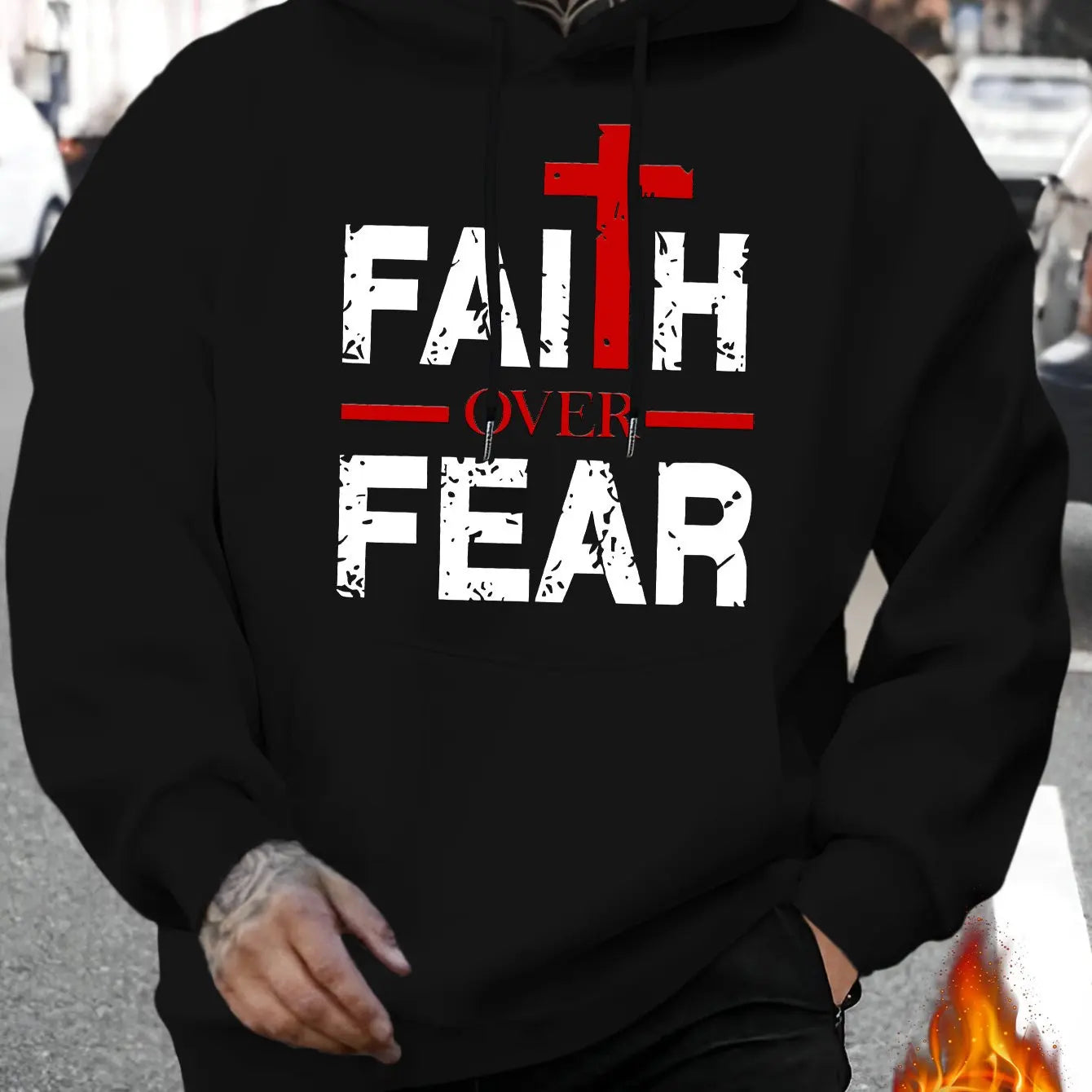 Men's autumn and winter casual fashion loose faith over fear letter printed long sleeved hooded sweatshirt warm pullover