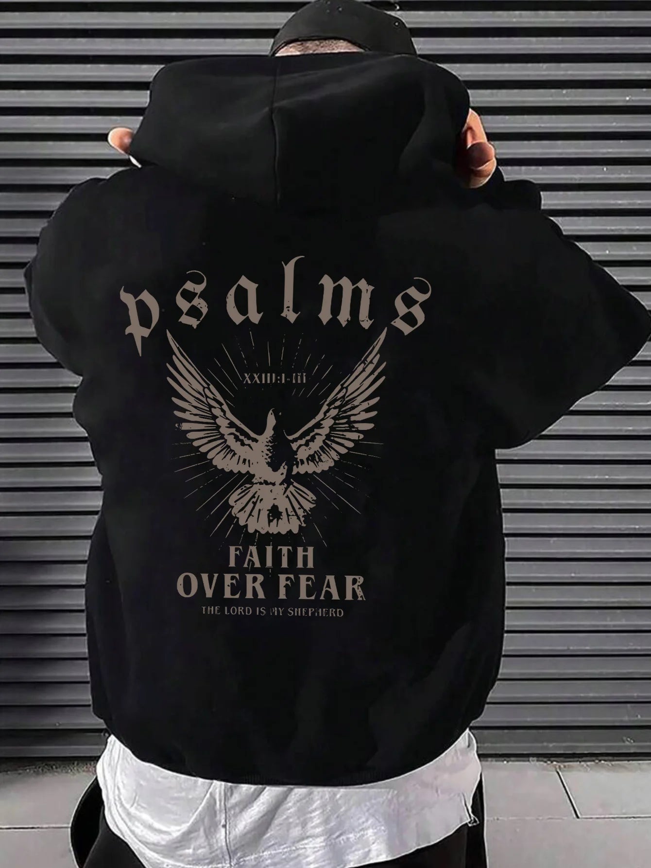 Men's hoodie, Psalm 34:0 Faith over fear and eagle pattern print, loose and casual pullover with kangaroo pocket