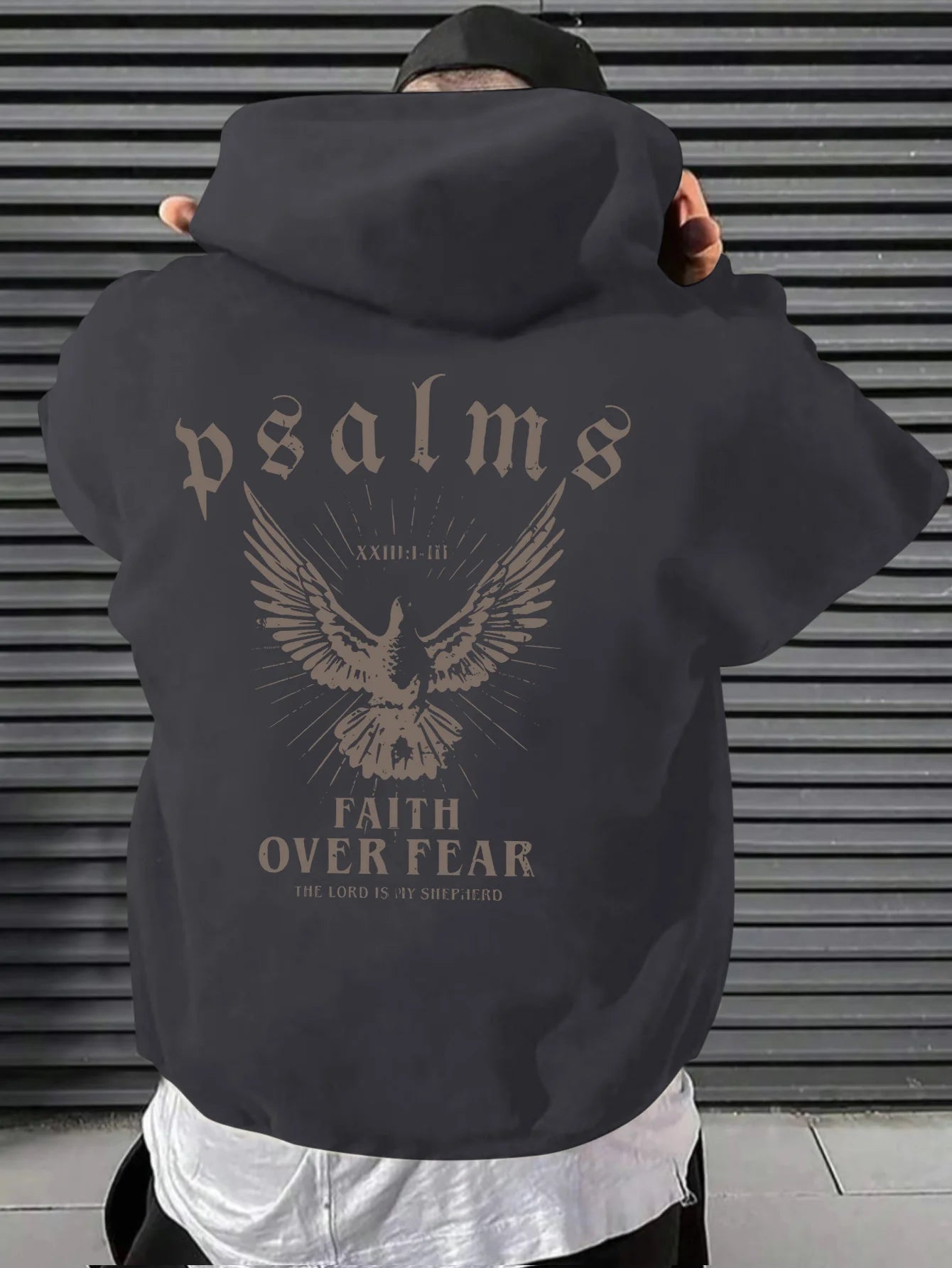 Men's hoodie, Psalm 34:0 Faith over fear and eagle pattern print, loose and casual pullover with kangaroo pocket