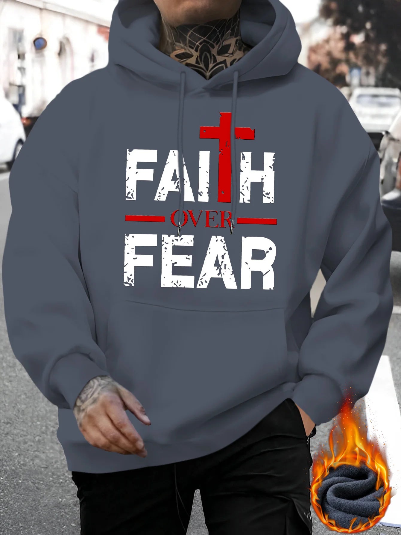 Men's autumn and winter casual fashion loose faith over fear letter printed long sleeved hooded sweatshirt warm pullover