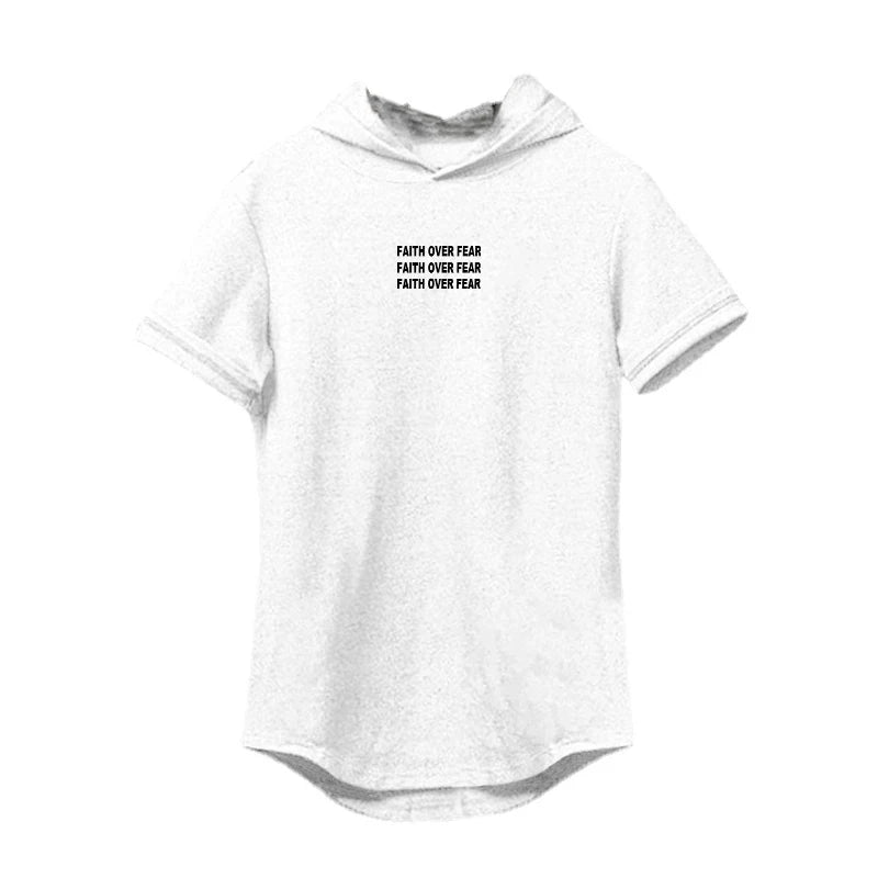 Faith Over Fear Print Cotton Hoodie Gym Fitness Bodybuilding Training Muscle Shirt Men's Sport Short Sleeve Breathable T-shirt