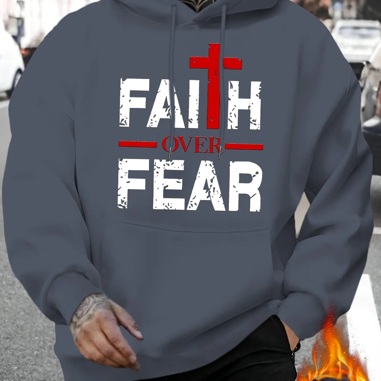 Men's autumn and winter casual fashion loose faith over fear letter printed long sleeved hooded sweatshirt warm pullover