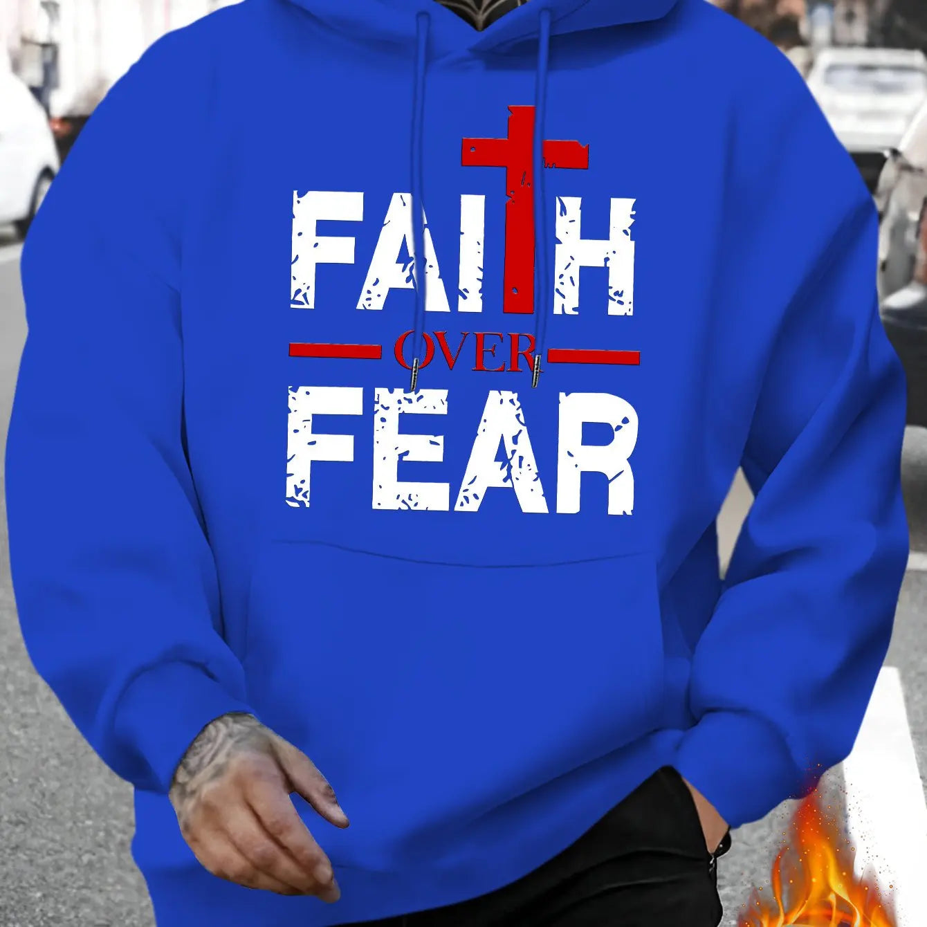 Men's autumn and winter casual fashion loose faith over fear letter printed long sleeved hooded sweatshirt warm pullover