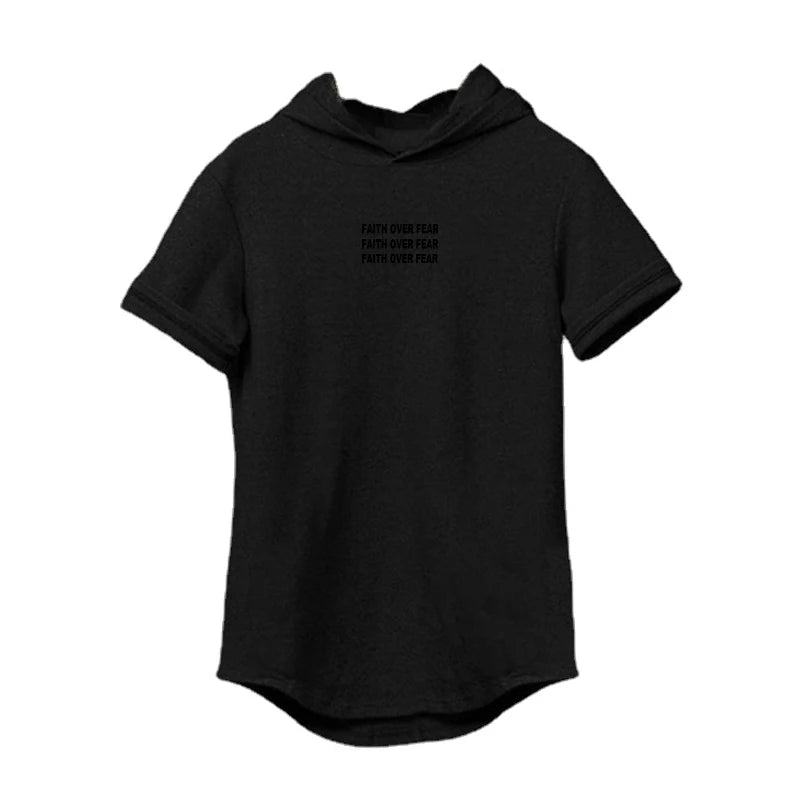 Faith Over Fear Print Cotton Hoodie Gym Fitness Bodybuilding Training Muscle Shirt Men's Sport Short Sleeve Breathable T-shirt