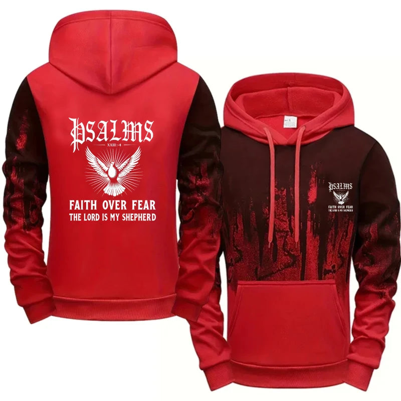 Men's Hoodie Gray Black Psalms Faith Over Fear Eagle Printed Pattern High Quality Cotton Casual Streetwear Sweatshirt
