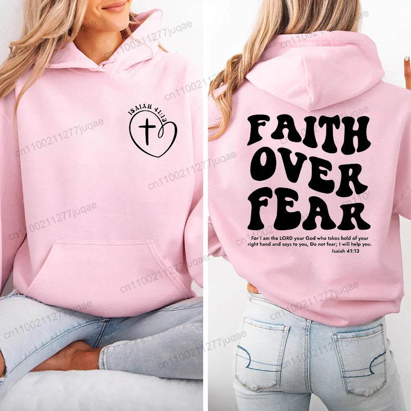 Faith Over Fear Print Sweatshirt Women Harajuku Casual Loose Hooded Bible Verse Jesus Fashion Hoodies Autumn Warm Female Clothes