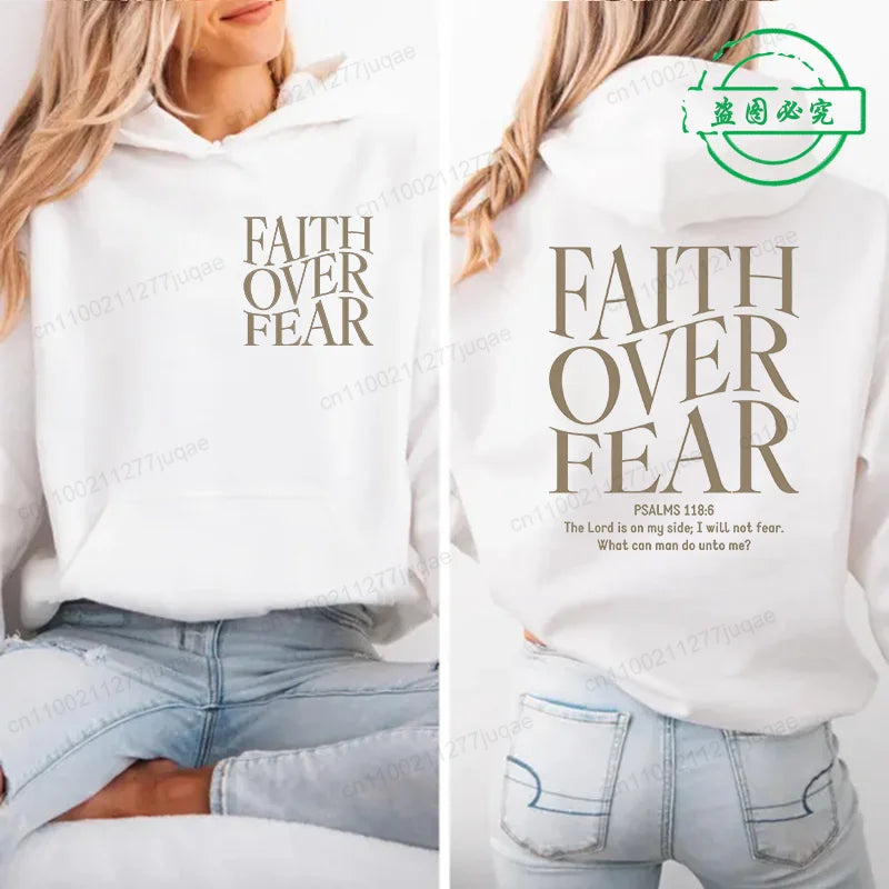 Faith Over Fear Print Sweatshirt Women Harajuku Casual Loose Hooded Bible Verse Jesus Fashion Hoodies Autumn Warm Female Clothes