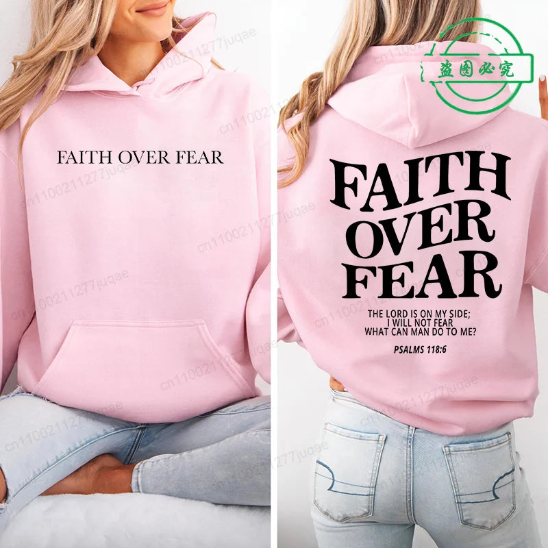 Faith Over Fear Print Sweatshirt Women Harajuku Casual Loose Hooded Bible Verse Jesus Fashion Hoodies Autumn Warm Female Clothes