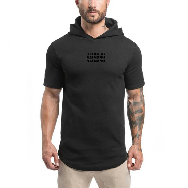 Faith Over Fear Print Cotton Hoodie Gym Fitness Bodybuilding Training Muscle Shirt Men's Sport Short Sleeve Breathable T-shirt