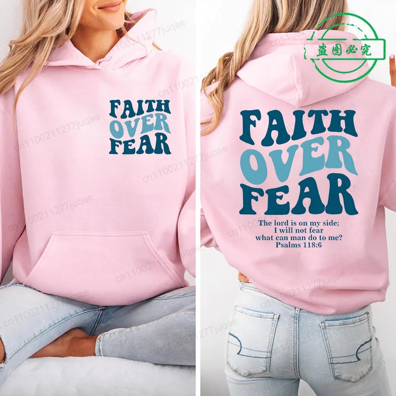 Faith Over Fear Print Sweatshirt Women Harajuku Casual Loose Hooded Bible Verse Jesus Fashion Hoodies Autumn Warm Female Clothes
