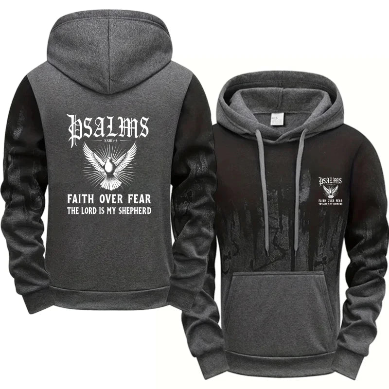 Men's Hoodie Gray Black Psalms Faith Over Fear Eagle Printed Pattern High Quality Cotton Casual Streetwear Sweatshirt