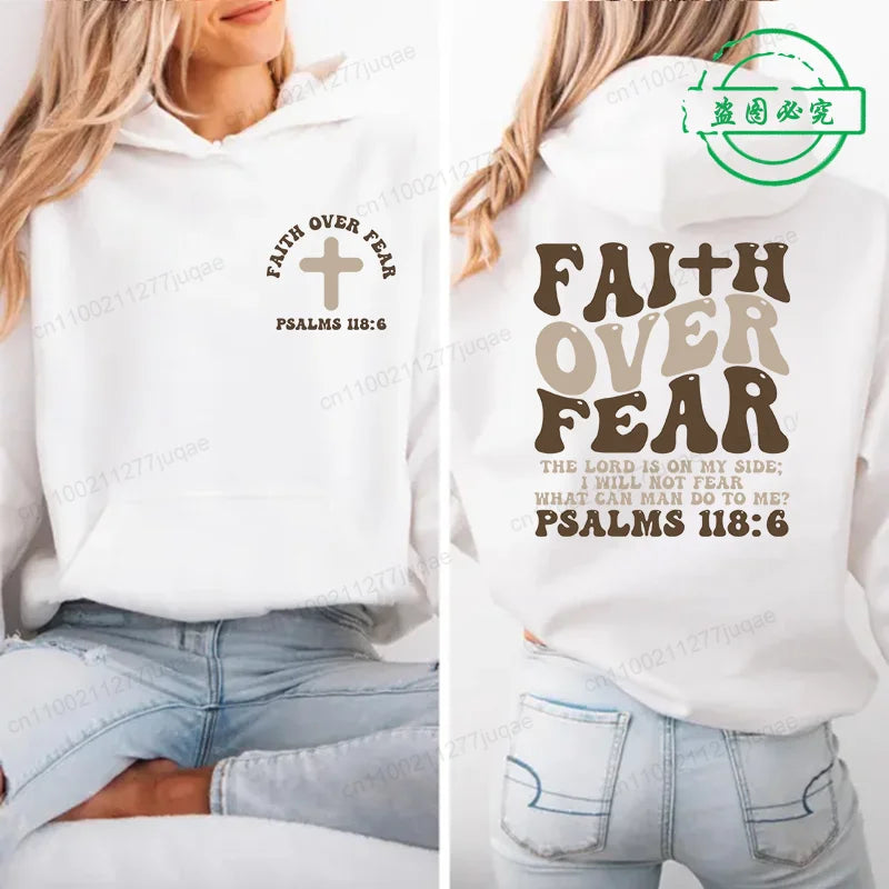 Faith Over Fear Print Sweatshirt Women Harajuku Casual Loose Hooded Bible Verse Jesus Fashion Hoodies Autumn Warm Female Clothes