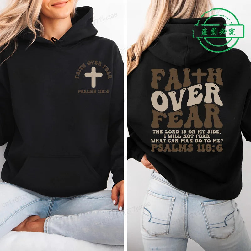 Faith Over Fear Print Sweatshirt Women Harajuku Casual Loose Hooded Bible Verse Jesus Fashion Hoodies Autumn Warm Female Clothes