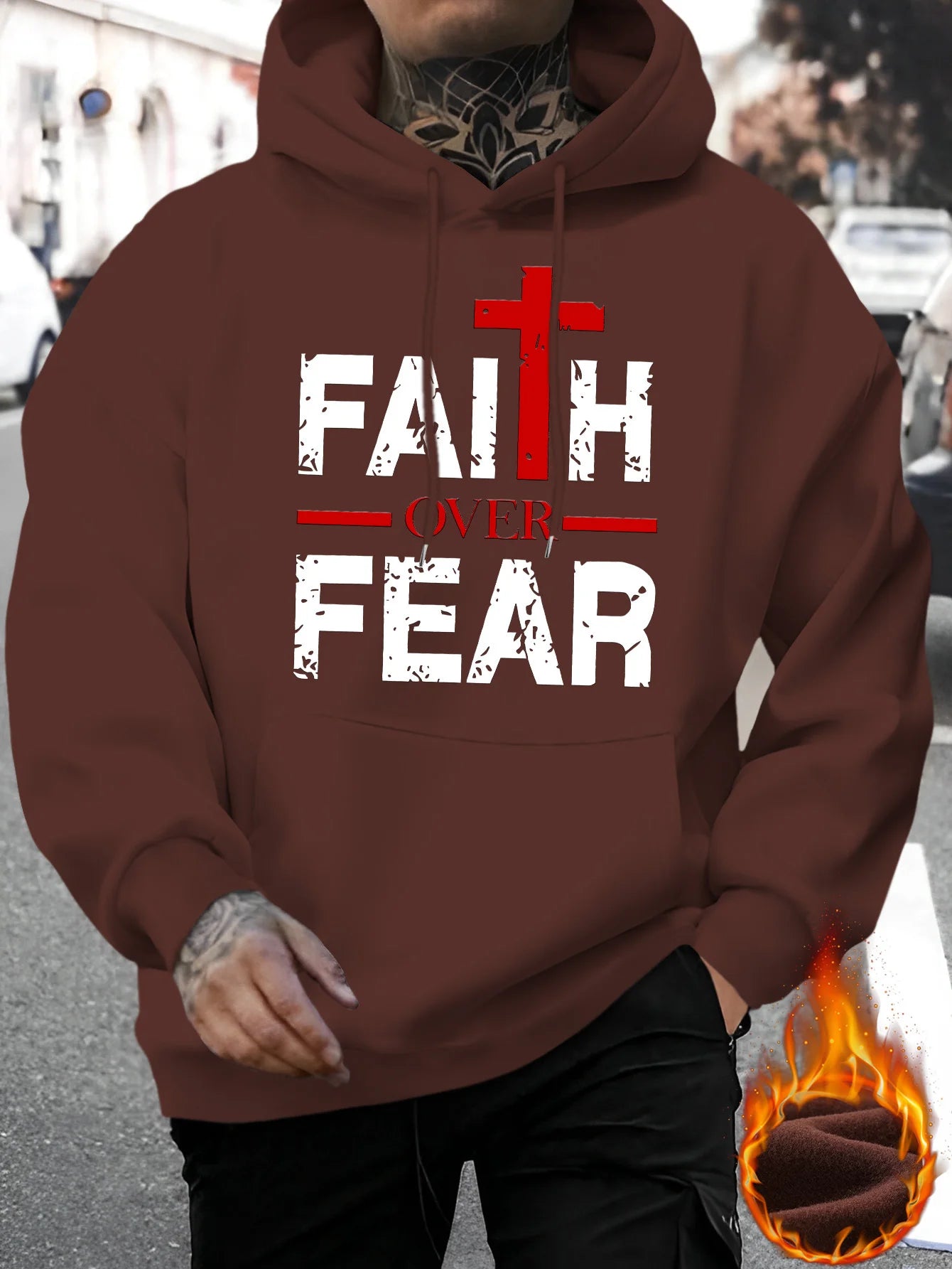Men's autumn and winter casual fashion loose faith over fear letter printed long sleeved hooded sweatshirt warm pullover