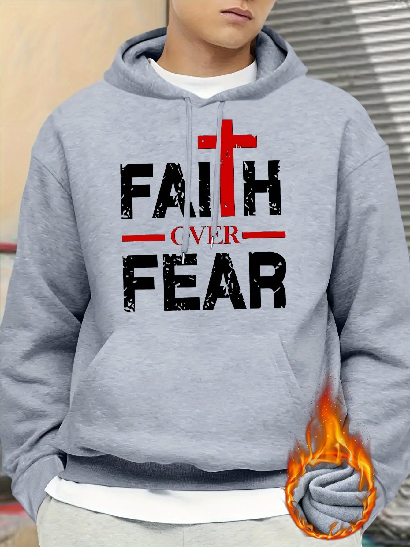 Men's autumn and winter casual fashion loose faith over fear letter printed long sleeved hooded sweatshirt warm pullover