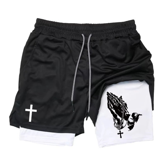Summer New Shorts Man Cross Bible Print Gym Fitness Shorts Women's Sports Double-layer 2-in-1 Pant Quick-Drying Beach Shorts Y2k