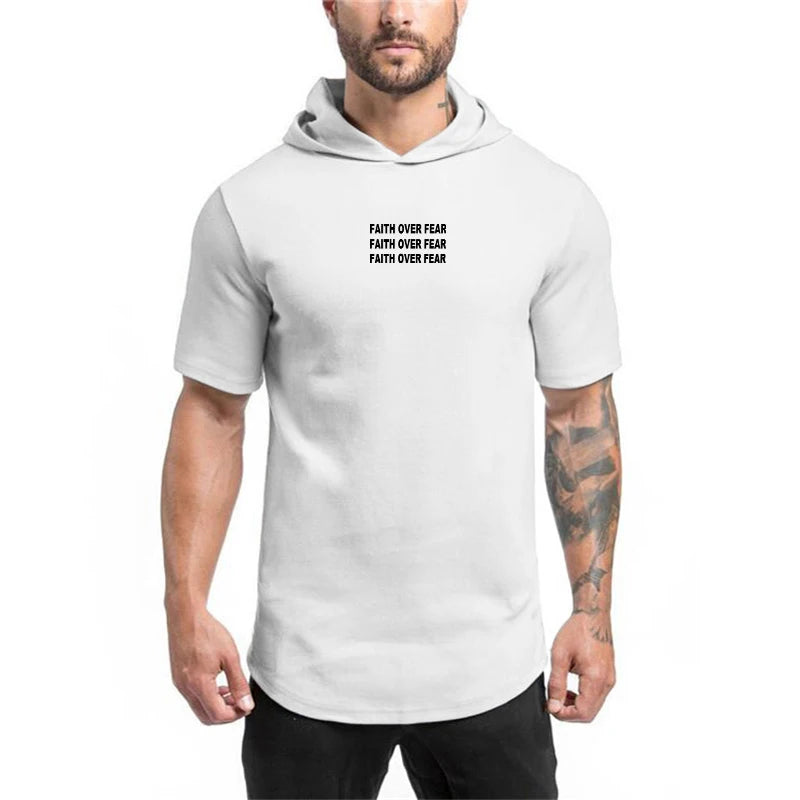 Faith Over Fear Print Cotton Hoodie Gym Fitness Bodybuilding Training Muscle Shirt Men's Sport Short Sleeve Breathable T-shirt