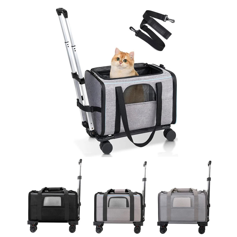 Pet Trolley Bag Detachable Rolling Carrier for Small Dogs Cats Portable Pet Travel Carrier with Telescopic Handle and Shoulder