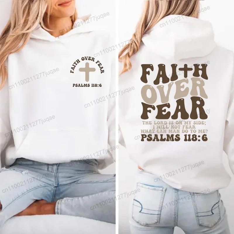 Faith Over Fear Print Sweatshirt Women Harajuku Casual Loose Hooded Bible Verse Jesus Fashion Hoodies Autumn Warm Female Clothes