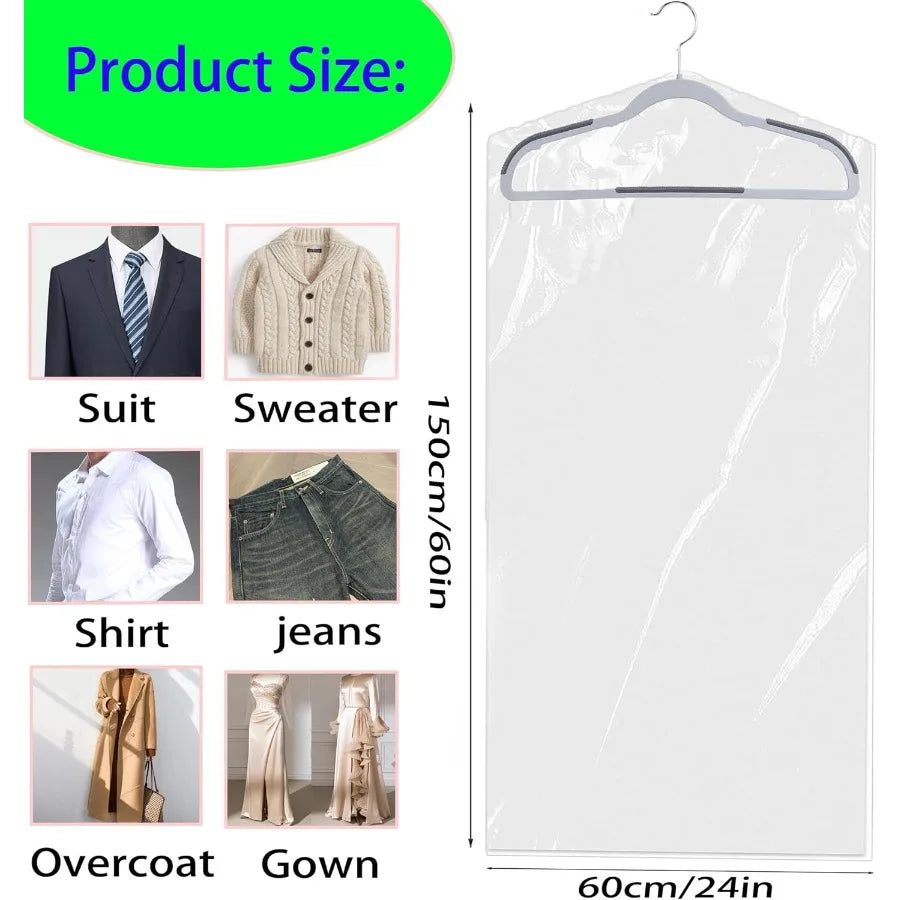 15 Pack 24 x 60 In Clear Plastic Clothes Covers for Dry Cleaning Hanging Garment Storage Bags with DustProof Protection Ideal f