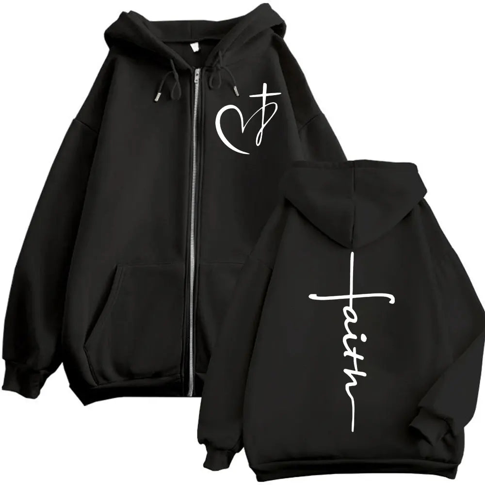 Heart Cross Christian Jesus Faith Over Fear Bible Verse Zipper Hoodie Men's Women High Quality Fashion Zip Up Jacket Sweatshirts