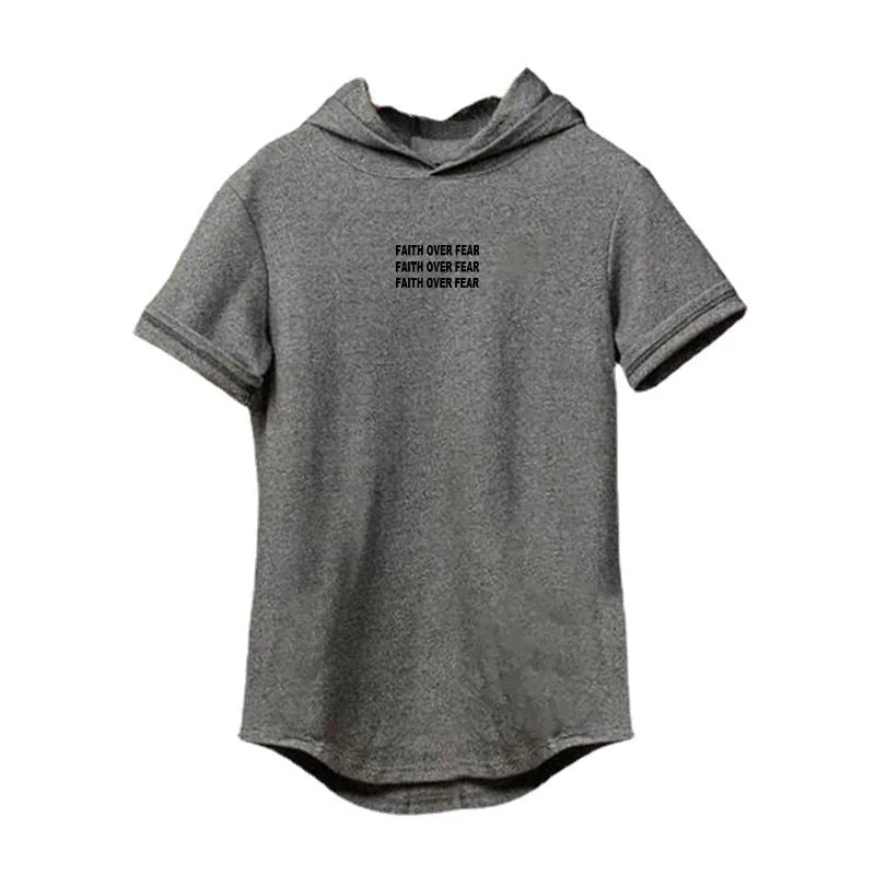 Faith Over Fear Print Cotton Hoodie Gym Fitness Bodybuilding Training Muscle Shirt Men's Sport Short Sleeve Breathable T-shirt