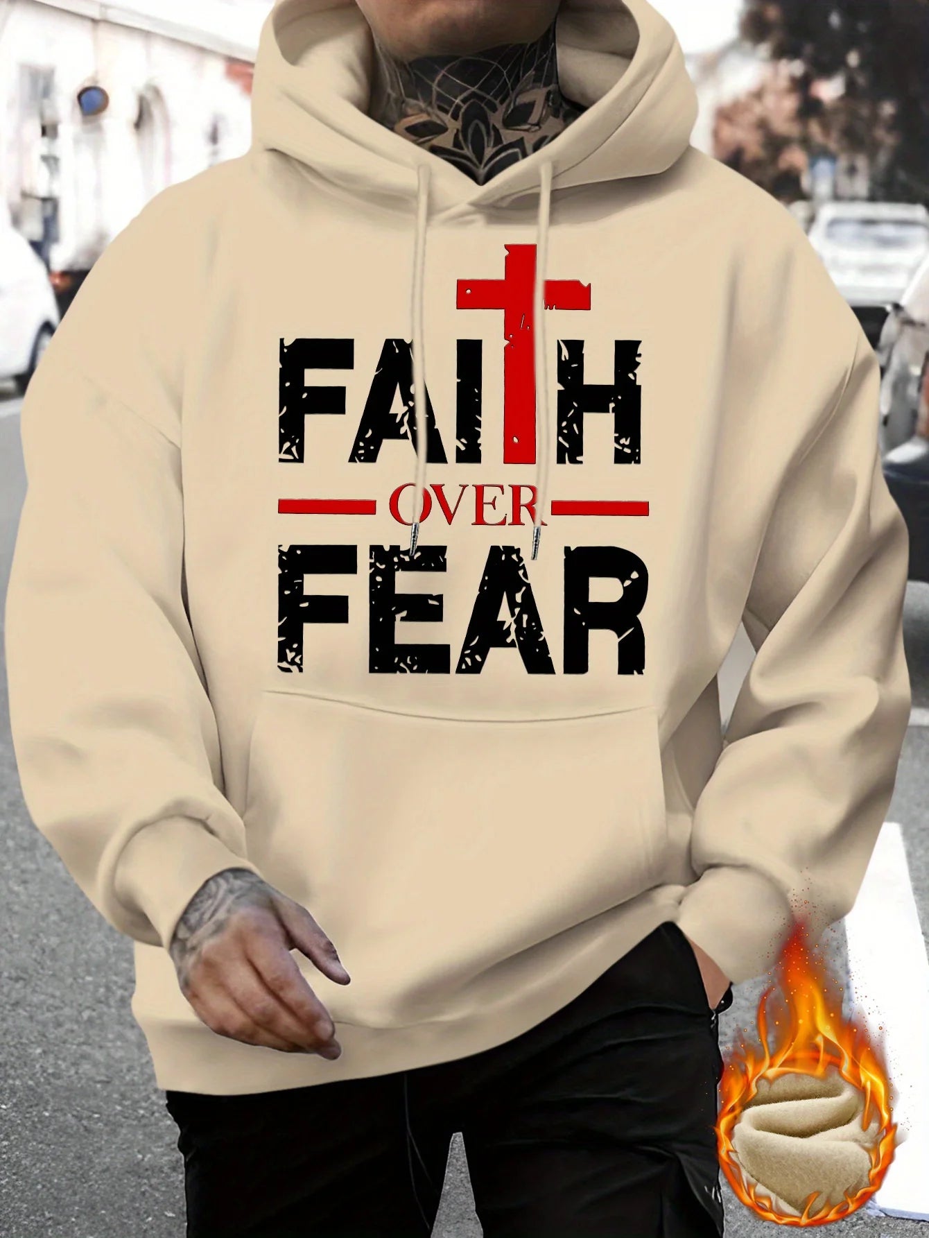 Men's autumn and winter casual fashion loose faith over fear letter printed long sleeved hooded sweatshirt warm pullover